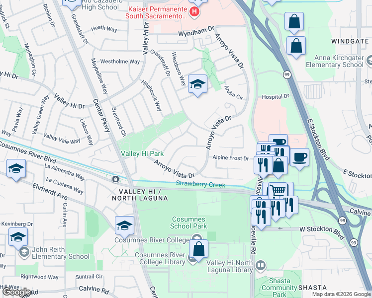 map of restaurants, bars, coffee shops, grocery stores, and more near 8267 Sunny Creek Way in Sacramento