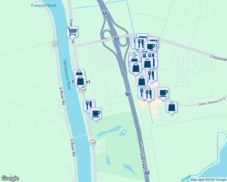 map of restaurants, bars, coffee shops, grocery stores, and more near West Side Freeway in Sacramento