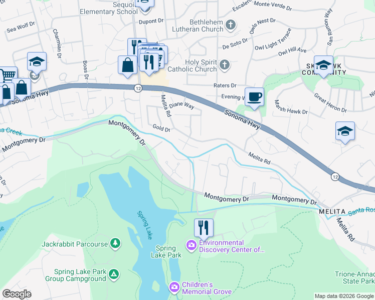 map of restaurants, bars, coffee shops, grocery stores, and more near 289 Brey Road in Santa Rosa