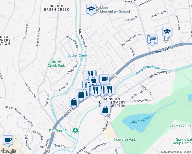 map of restaurants, bars, coffee shops, grocery stores, and more near 29 Randall Lane in Santa Rosa