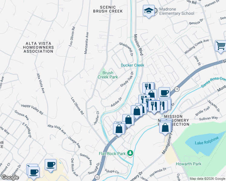 map of restaurants, bars, coffee shops, grocery stores, and more near 812 Shady Oak Drive in Santa Rosa