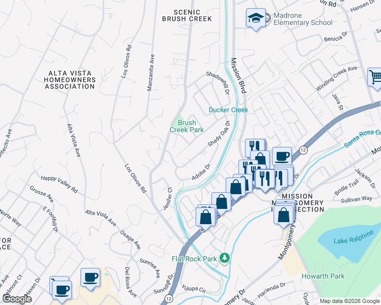 map of restaurants, bars, coffee shops, grocery stores, and more near 812 Shady Oak Drive in Santa Rosa