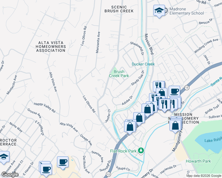 map of restaurants, bars, coffee shops, grocery stores, and more near 844 Brush Creek Road in Santa Rosa