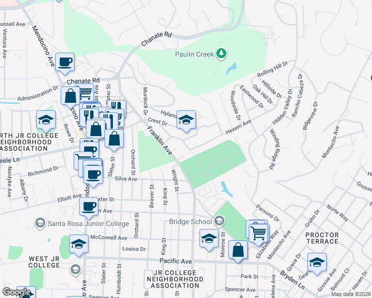 map of restaurants, bars, coffee shops, grocery stores, and more near 1988 Sillick Terrace in Santa Rosa