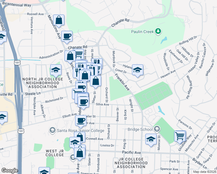 map of restaurants, bars, coffee shops, grocery stores, and more near 2045 Orchard Street in Santa Rosa