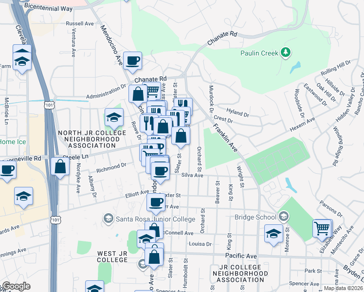 map of restaurants, bars, coffee shops, grocery stores, and more near 2100 Slater Street in Santa Rosa