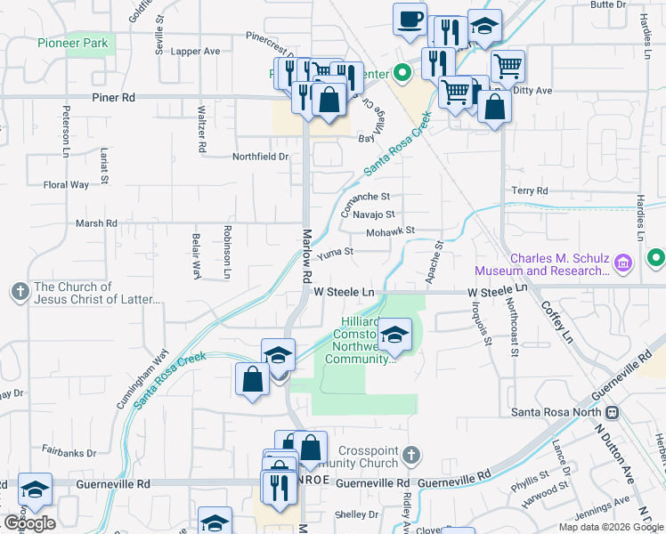 map of restaurants, bars, coffee shops, grocery stores, and more near 2975 West Steele Lane in Santa Rosa