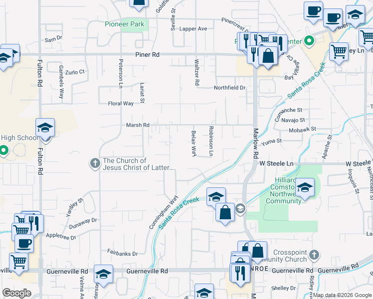 map of restaurants, bars, coffee shops, grocery stores, and more near 2929 Belair Way in Santa Rosa