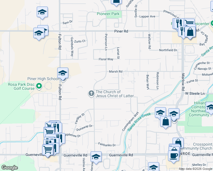 map of restaurants, bars, coffee shops, grocery stores, and more near 2328 Sundance Street in Santa Rosa