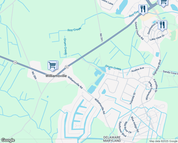 map of restaurants, bars, coffee shops, grocery stores, and more near 34412 Brinker Mansion Road in Selbyville