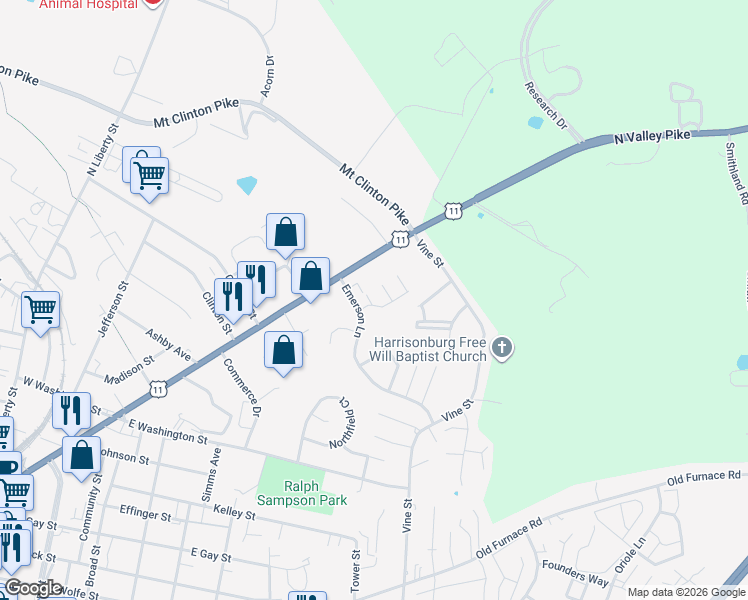 map of restaurants, bars, coffee shops, grocery stores, and more near 176 Emerson Lane in Harrisonburg