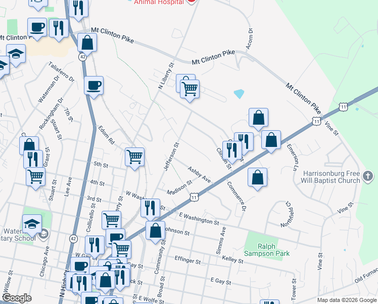 map of restaurants, bars, coffee shops, grocery stores, and more near 140 Ashby Avenue in Harrisonburg