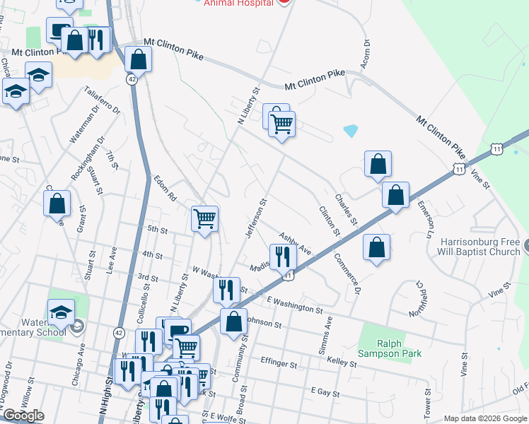 map of restaurants, bars, coffee shops, grocery stores, and more near 874 Jefferson Street in Harrisonburg