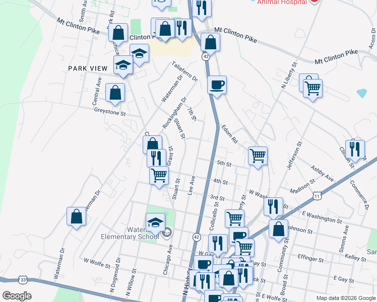map of restaurants, bars, coffee shops, grocery stores, and more near 819 Lee Avenue in Harrisonburg