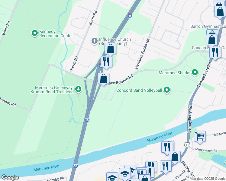 map of restaurants, bars, coffee shops, grocery stores, and more near 6421 Brookfield Court Drive in St. Louis County