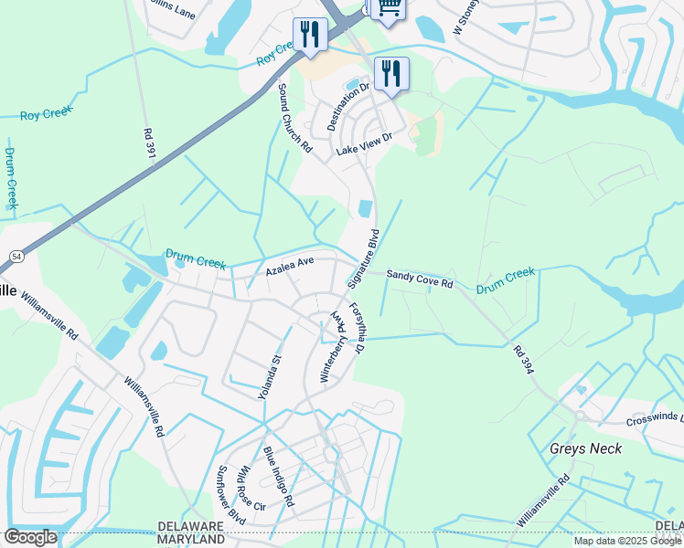 map of restaurants, bars, coffee shops, grocery stores, and more near 38407 Boxwood Terrace in Selbyville