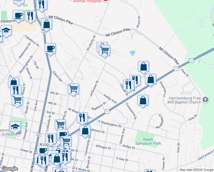 map of restaurants, bars, coffee shops, grocery stores, and more near 140 Ashby Avenue in Harrisonburg