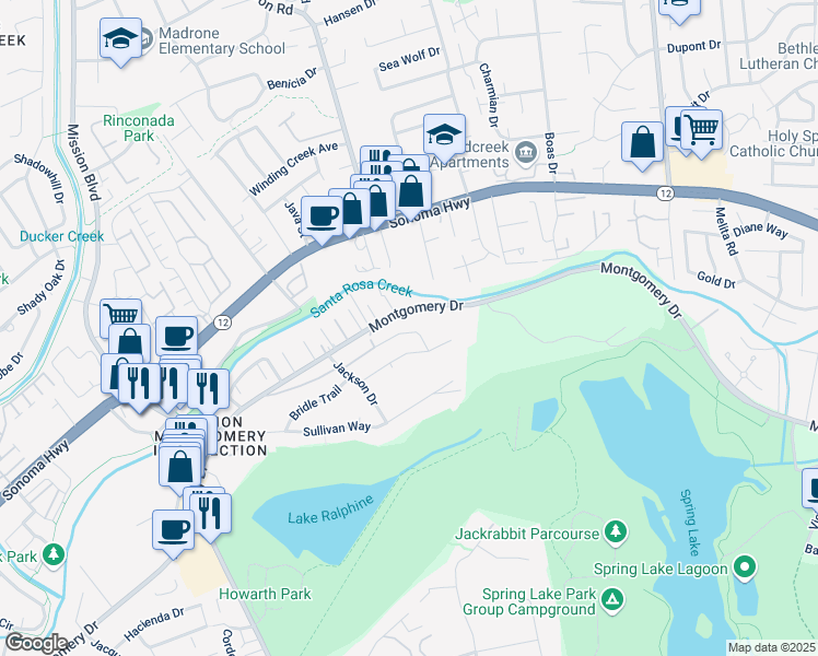 map of restaurants, bars, coffee shops, grocery stores, and more near 4804 Montgomery Lane in Santa Rosa