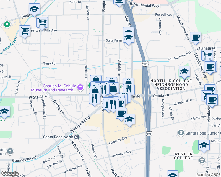 map of restaurants, bars, coffee shops, grocery stores, and more near 1333 West Steele Lane in Santa Rosa