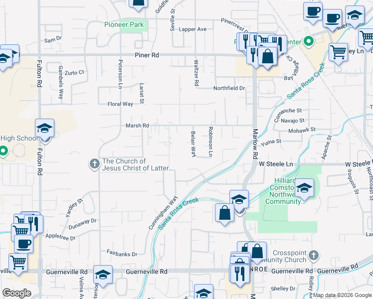 map of restaurants, bars, coffee shops, grocery stores, and more near 2929 Belair Way in Santa Rosa