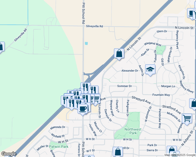 map of restaurants, bars, coffee shops, grocery stores, and more near 1395 North Lincoln Street in Dixon