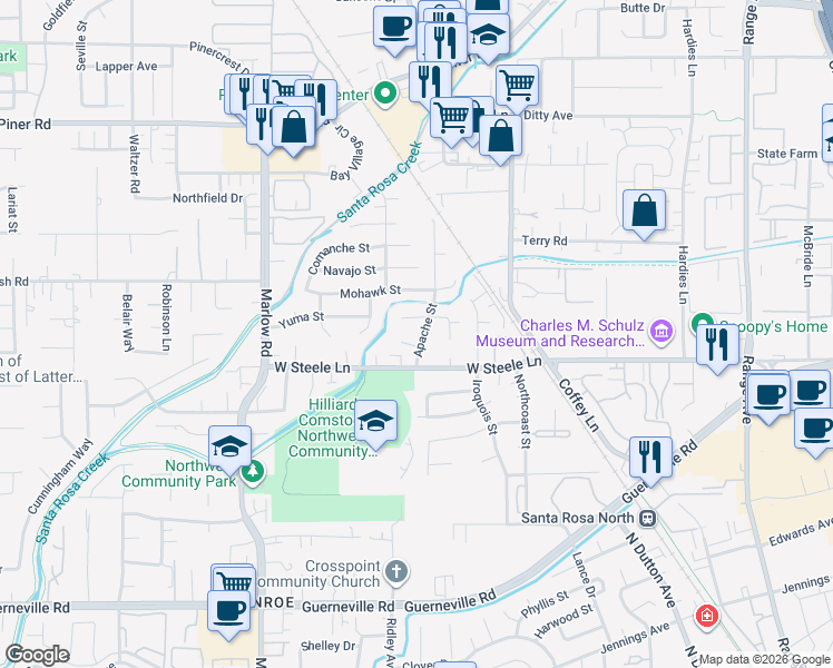map of restaurants, bars, coffee shops, grocery stores, and more near 2855 Apache Street in Santa Rosa