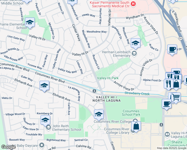 map of restaurants, bars, coffee shops, grocery stores, and more near 8159 Center Parkway in Sacramento