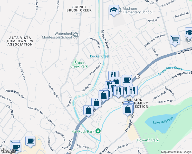 map of restaurants, bars, coffee shops, grocery stores, and more near 908 Shady Oak Drive in Santa Rosa