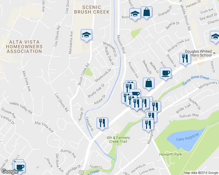 map of restaurants, bars, coffee shops, grocery stores, and more near 908 Shady Oak Drive in Santa Rosa