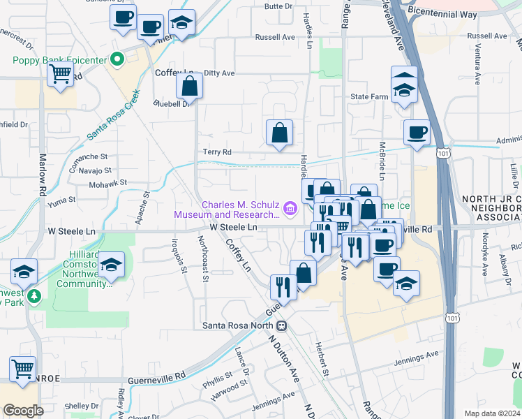 map of restaurants, bars, coffee shops, grocery stores, and more near 2342 Heidi Place in Santa Rosa