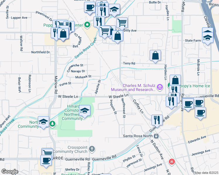 map of restaurants, bars, coffee shops, grocery stores, and more near 2843 Apple Valley Lane in Santa Rosa