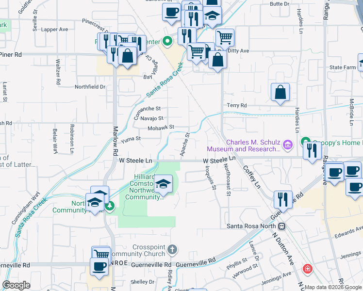 map of restaurants, bars, coffee shops, grocery stores, and more near 2855 Apache Street in Santa Rosa