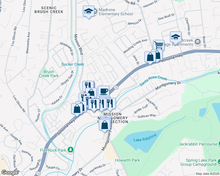 map of restaurants, bars, coffee shops, grocery stores, and more near 27 Redwing Drive in Santa Rosa