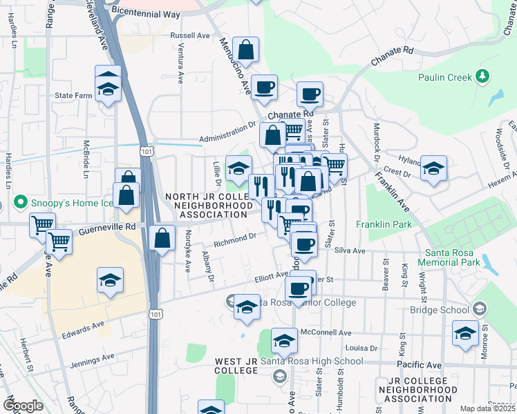 map of restaurants, bars, coffee shops, grocery stores, and more near 205 Steele Lane in Santa Rosa