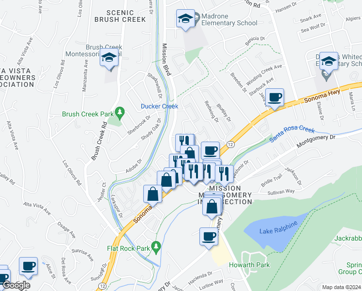 map of restaurants, bars, coffee shops, grocery stores, and more near 29 Randall Lane in Santa Rosa