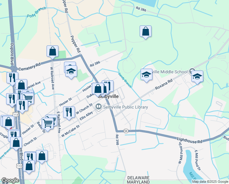 map of restaurants, bars, coffee shops, grocery stores, and more near William Street in Sussex County