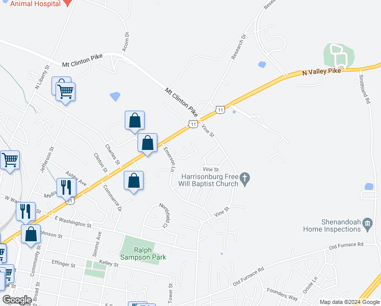 map of restaurants, bars, coffee shops, grocery stores, and more near 1276 Victorian Village Drive in Harrisonburg