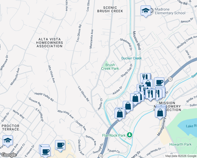 map of restaurants, bars, coffee shops, grocery stores, and more near Shady Oak Dr & Brush Creek Rd in Santa Rosa
