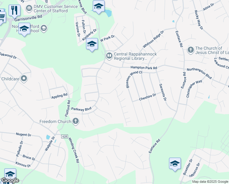 map of restaurants, bars, coffee shops, grocery stores, and more near 108 Waters Landing in Stafford