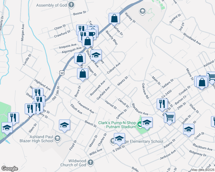 map of restaurants, bars, coffee shops, grocery stores, and more near 2400-2426 Roosevelt Avenue in Ashland