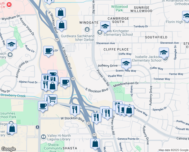 map of restaurants, bars, coffee shops, grocery stores, and more near 8100 Auberry Drive in Sacramento