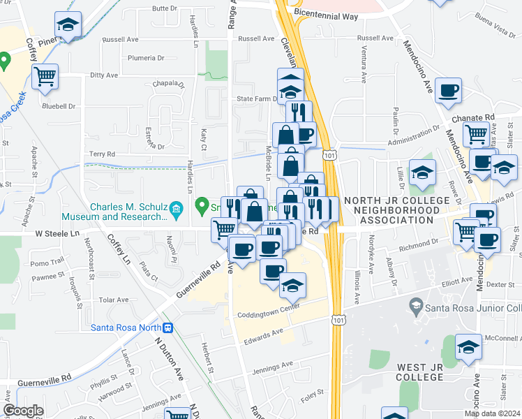 map of restaurants, bars, coffee shops, grocery stores, and more near 2350 McBride Lane in Santa Rosa