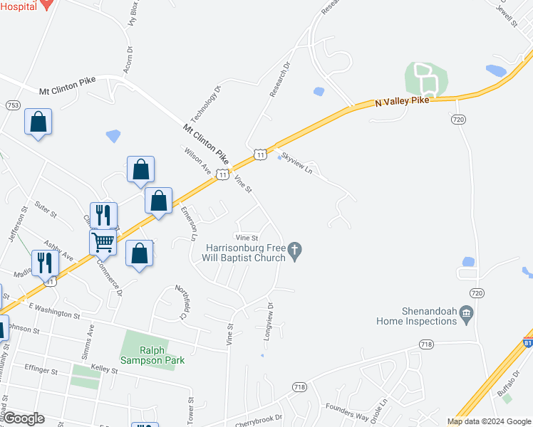 map of restaurants, bars, coffee shops, grocery stores, and more near 219 Vine Street in Harrisonburg