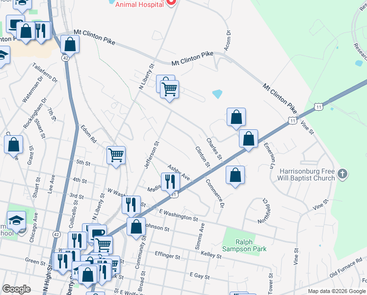 map of restaurants, bars, coffee shops, grocery stores, and more near 165 Clinton Street in Harrisonburg