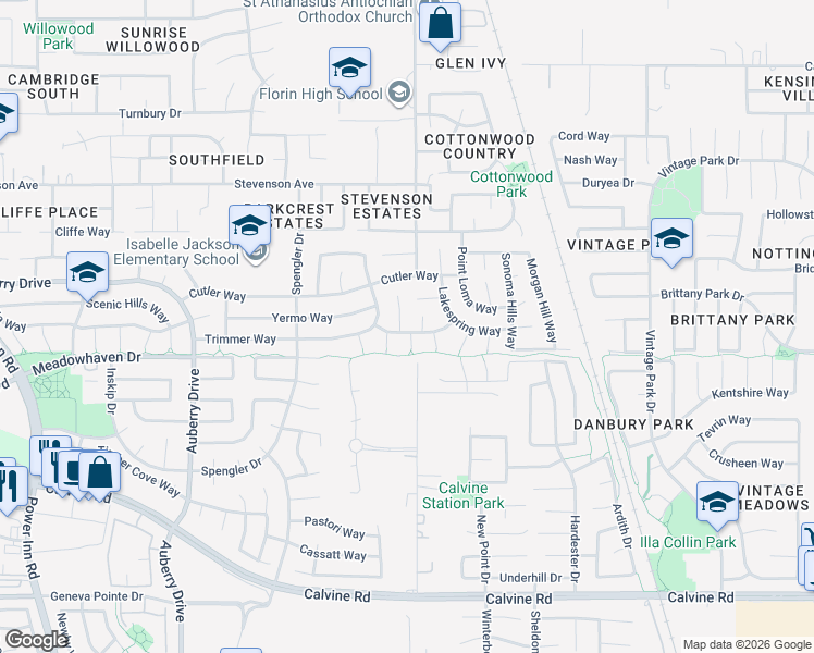 map of restaurants, bars, coffee shops, grocery stores, and more near 8183 Quail Ridge Court in Sacramento