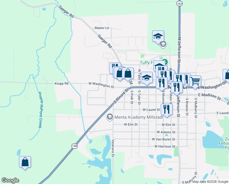 map of restaurants, bars, coffee shops, grocery stores, and more near 16 Cedar Street in Millstadt