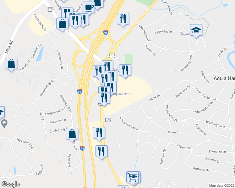 map of restaurants, bars, coffee shops, grocery stores, and more near Town Square Circle in Aquia Harbour