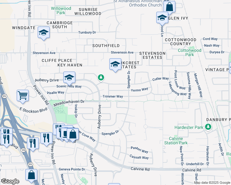 map of restaurants, bars, coffee shops, grocery stores, and more near 8356 Yermo Way in Sacramento