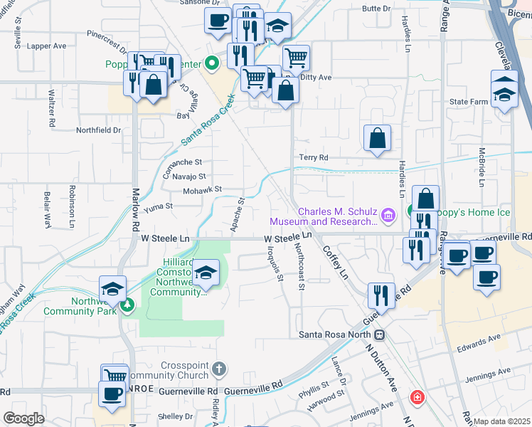map of restaurants, bars, coffee shops, grocery stores, and more near 2829 Apple Valley Lane in Santa Rosa