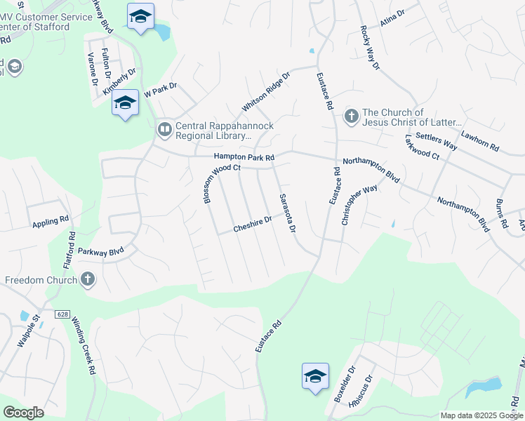 map of restaurants, bars, coffee shops, grocery stores, and more near 16 Charleston Court in Stafford